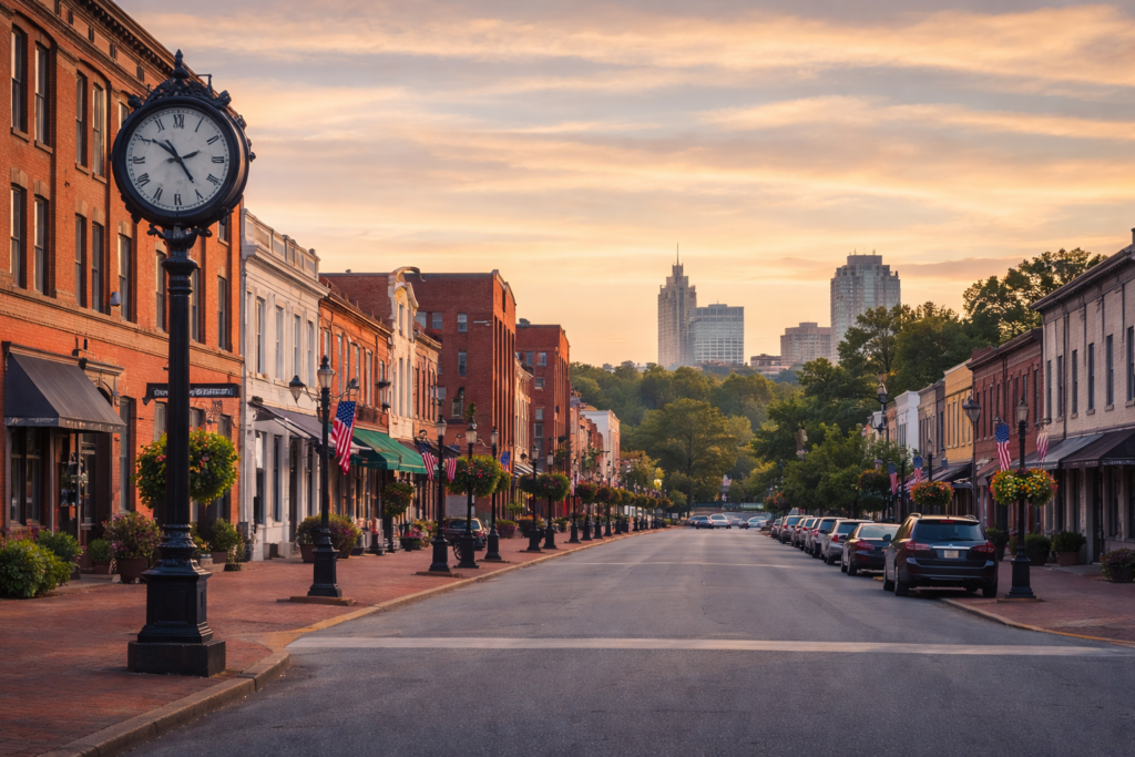 Oxford NC charming main street at sunset