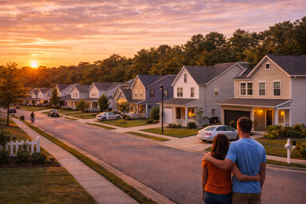 cozy homes at sunset