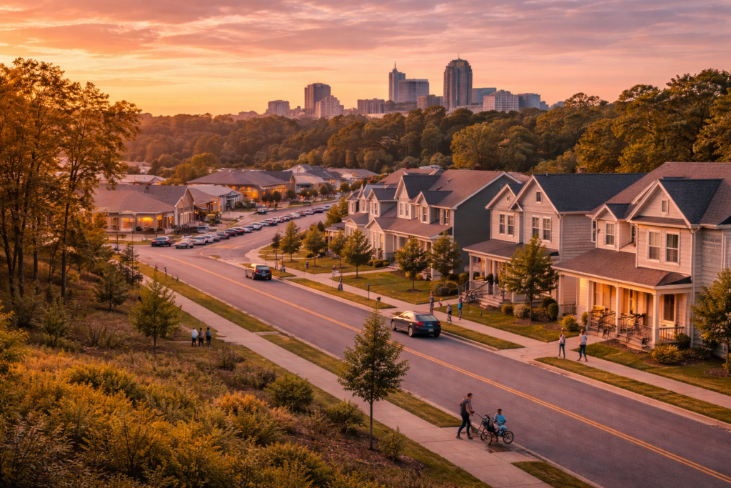 golden sunset over suburban growth