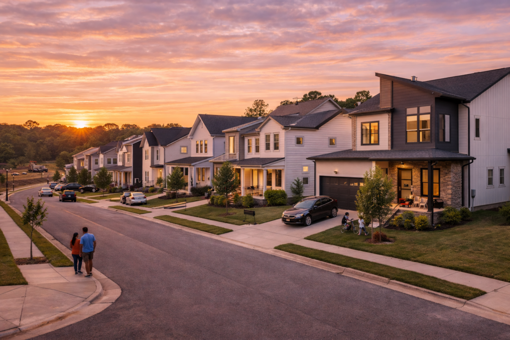 modern suburban sunset scene