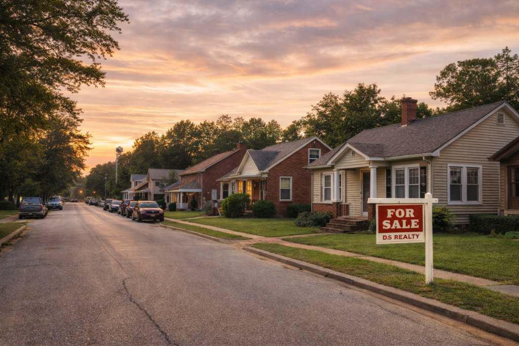 Vance Country suburban homes at sunset in vance county