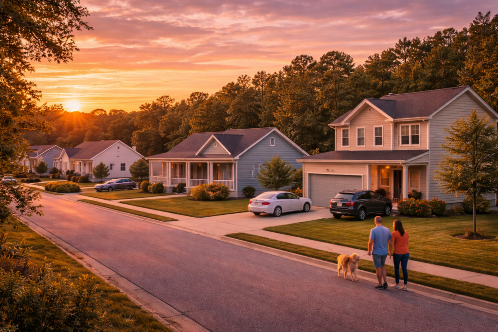 suburban sunset stroll with a dog