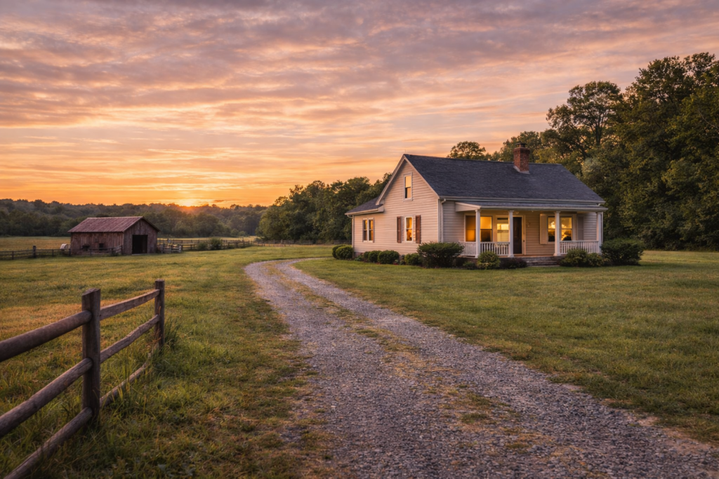 Granville County sunset over north carolina farmhouse