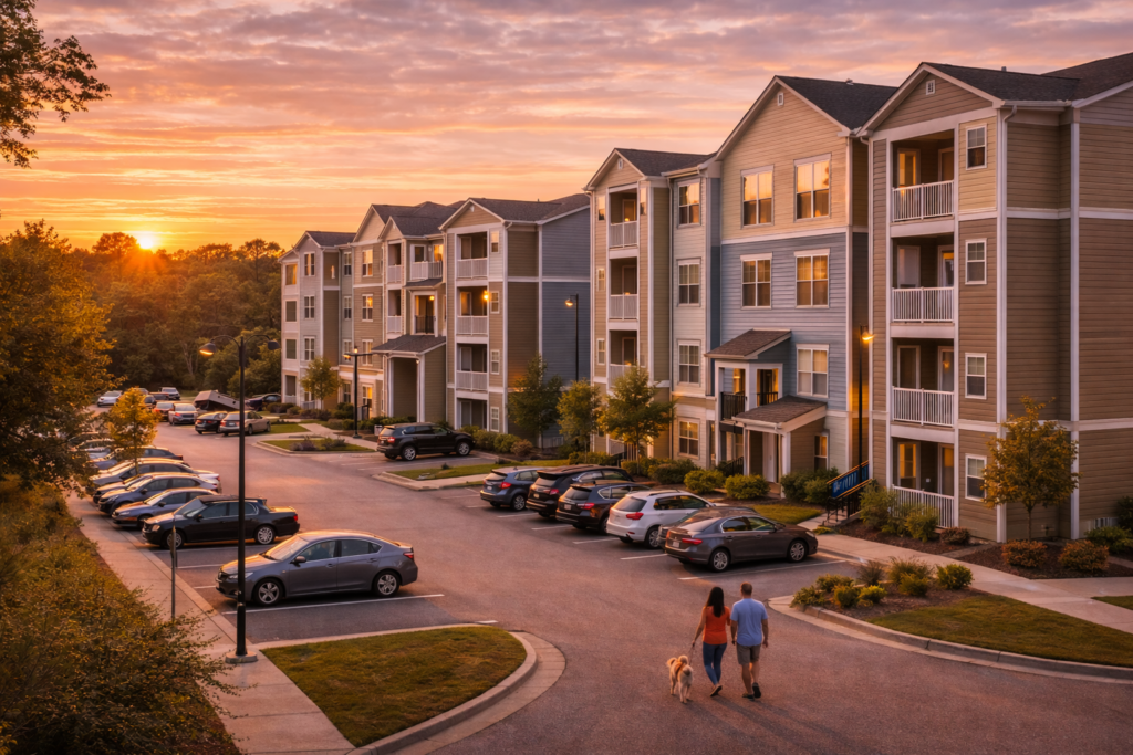 sunset over suburban apartment complex